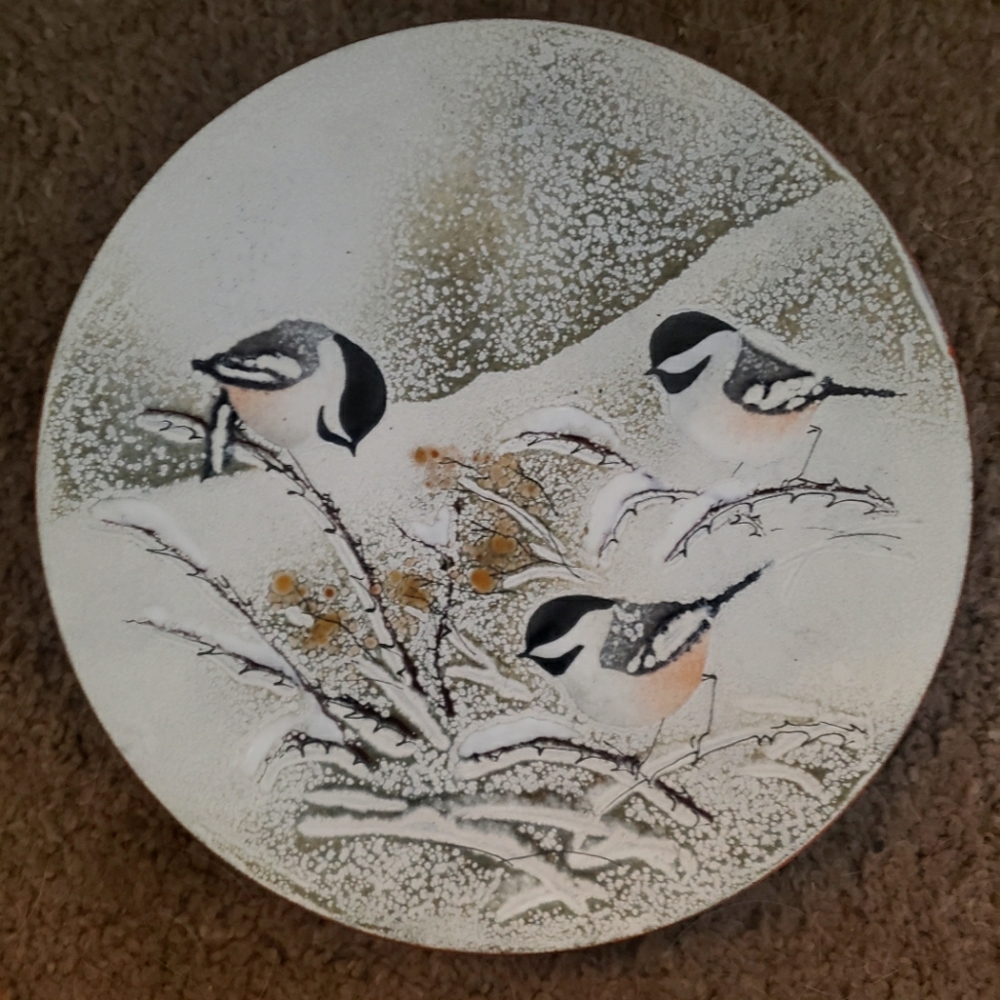 Norman Brumm Enamel on Copper Signed Plate, Black Capped Chickadee Signed, 8.5"
